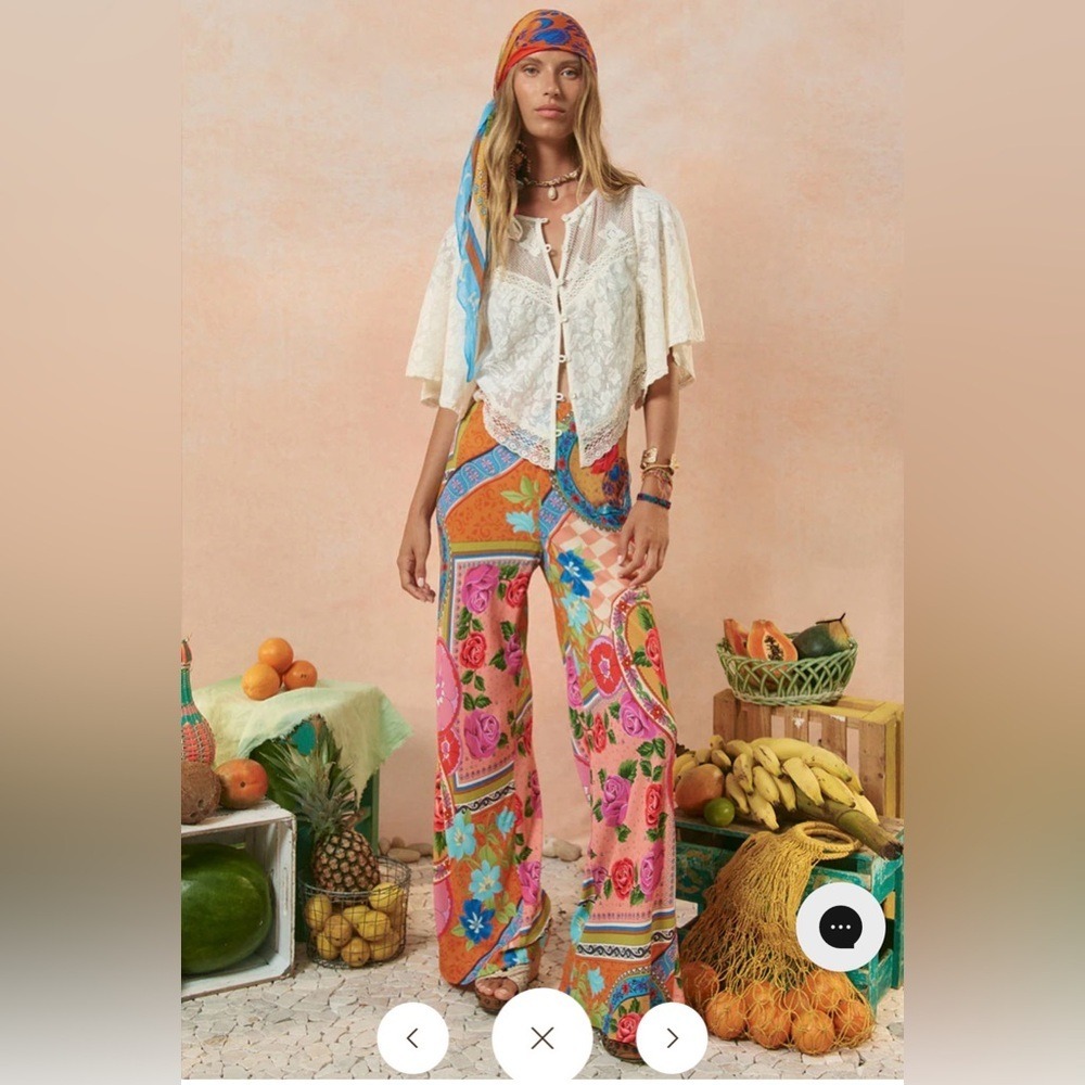 Spell NWT Aphrodite Bias Pant Rose Floral Wide Leg Trousers Pink Orange M